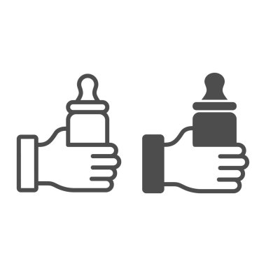 Elde emzik ve sağlam bir ikon olan şişe, Anneler Günü konsepti, beyaz arka planda bebek sütü şişesi tabelası, mobil ve web için ana hatlı emzik ikonu olan bebek şişesi. Vektör grafikleri.