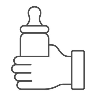 Elinde emzik, elinde ince çizgi ikonu olan bir şişe, Anneler Günü konsepti, beyaz arka planda bebek sütü şişesi tabelası, mobil ve web için ana hatlı emzik ikonu olan bebek şişesi. Vektör grafikleri.