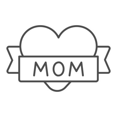 Kalp ve kurdele, anne ince çizgi ikonu, Anneler Günü konsepti, beyaz arka planda Anneler Günü tabelası, Anneler Günü simgesi taslak stili. Vektör grafikleri.