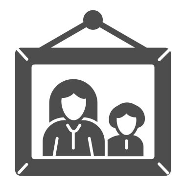 Anne ve çocuk için sağlam bir ikon, Anneler Günü konsepti, anne ve oğluyla çerçevelenmiş beyaz arka plan imzalı fotoğraf, mobil ve web için aile resmi simgesi. Vektör grafikleri.