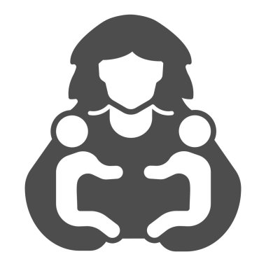 Anne ve iki çocuk katı bir ikon, Anneler Günü konsepti, beyaz arka planda ebeveyn sevgisi işareti, anne iki çocuğu mobil ve web tasarımı için sembol şeklinde tutuyor. Vektör grafikleri.