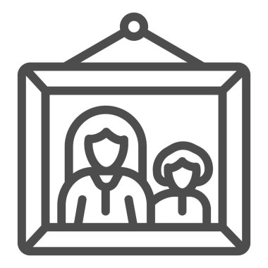 Anne ve çocuk çizgisi ikonu, Anneler Günü konsepti, anne ve oğluyla çerçevelenmiş beyaz arka plan imzalı fotoğraf, mobil ve web için ana hatlı aile resmi simgesi. Vektör grafikleri.