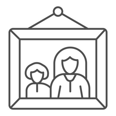 Anne ve çocuk ince çizgi ikonu, Anneler Günü konsepti, anne ve oğluyla çerçevelenmiş beyaz arka plan imzalı fotoğraf, mobil ve web için ana hatlı aile resmi simgesi. Vektör grafikleri.