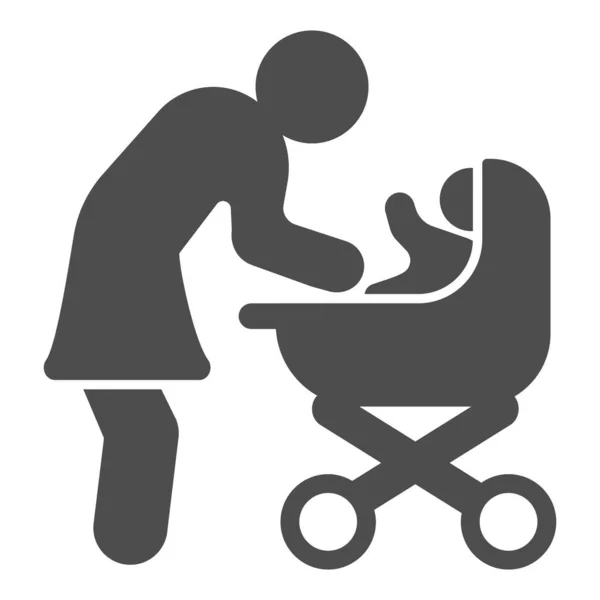 Mor och barn i barnvagn fast ikon, Mors dag koncept, mamma med baby vagn tecken på vit bakgrund, mamma med barnvagn ikon i glyf stil för mobil och webben. Vektorgrafik. — Stock vektor