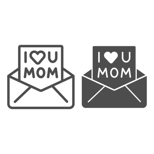 Amplop dengan huruf untuk baris ibu dan ikon padat, konsep Hari Ibu, saya suka tanda pesan ibu di latar belakang putih, Surat cinta untuk ikon ibu dalam garis besar gaya untuk mobile dan web. Grafis vektor. - Stok Vektor