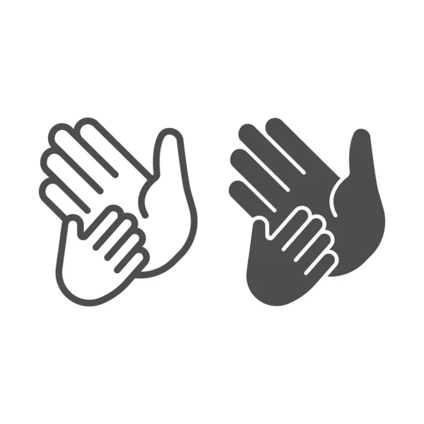 Kinderhand op volwassen palmlijn en stevig icoon, Moederdag concept, kinderverzorgingsteken op witte achtergrond, Helping Hands volwassen en kind icoon in outline stijl voor mobiel en web design. vectorgrafieken. — Stockvector