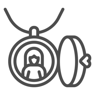 Anne kolyesi çizgi ikonu, Anneler Günü konsepti, beyaz arka planda anne resmi olan madalyon, cep telefonu ve internet için ana hatları belirlenmiş kadın fotoğraf ikonu olan yuvarlak kolye. Vektör grafikleri.