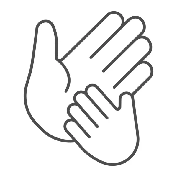 Kind hand op volwassen palm dunne lijn pictogram, Moederdag concept, kinderopvang teken op witte achtergrond, Helping Hands volwassen en kind pictogram in omtrek stijl voor mobiele en web design. vectorgrafieken. — Stockvector