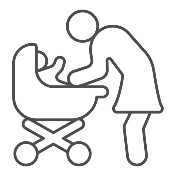 Mor och barn i barnvagn tunn linje ikon, Mors dag koncept, mamma med baby vagn tecken på vit bakgrund, mamma med barnvagn ikon i kontur stil för mobil och webben. Vektorgrafik. — Stock vektor