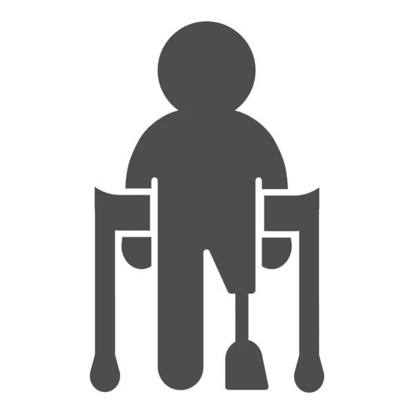 Man med protes ben och kryckor fast ikon, funktionshinder koncept, funktionshindrade person utan ben tecken på vit bakgrund, man med protes ben ikon i glyf stil. Vektorgrafik. — Stock vektor