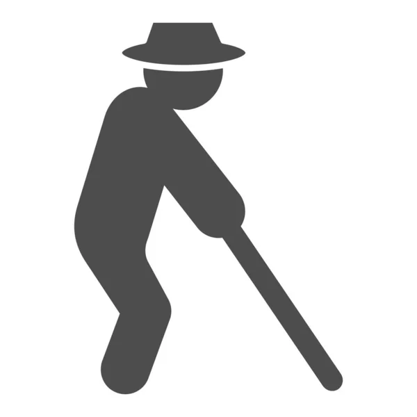 杖のアイコン、障害の概念、白い背景に杖の記号を持つ盲人、グリフスタイルの杖のアイコンを持つ帽子の盲人。ベクトルグラフィックス. — ストックベクタ