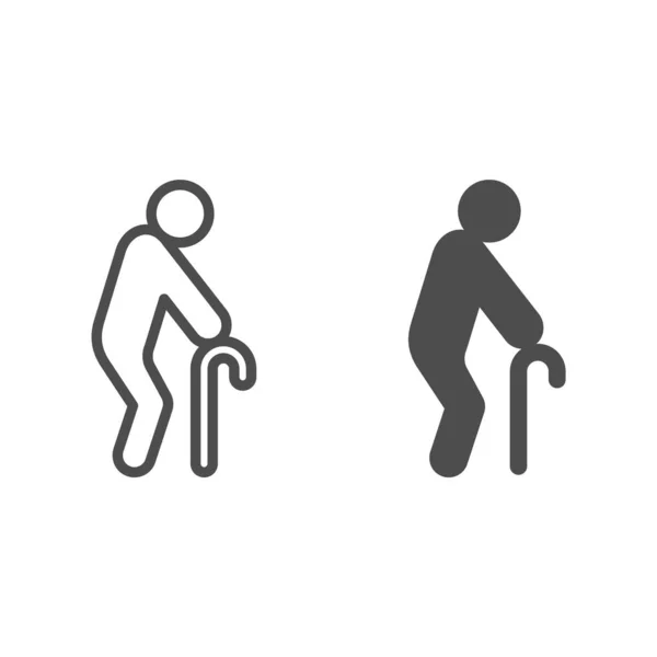Anciano con línea de caña e icono sólido, concepto de personas mayores, hombre anciano caminando signo sobre fondo blanco, hombre con icono de caña caminando en estilo de contorno. Gráficos vectoriales. — Vector de stock