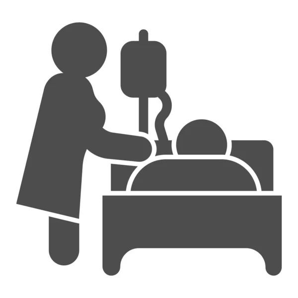 드로퍼 고체 아이콘과 함께 침대에 누워 있는 환자를 방문하는 간호사, 장애 컨셉, 흰 배경에 드로퍼와 환자 침대 표시를 갖고 있는 간호사, 그리고 글 리프 스타일의 환자 치료 아이콘. 벡터 그래픽. — 스톡 벡터