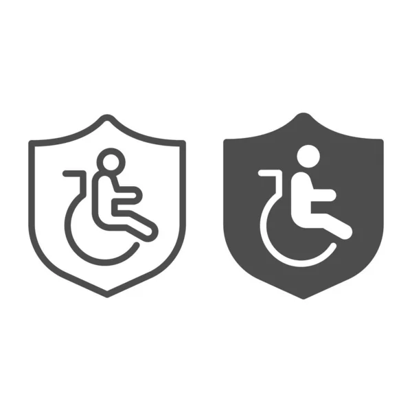Línea de emblema de protección de silla de ruedas e icono sólido, concepto de discapacidad, signo de discapacidad en silla de ruedas sobre fondo blanco, icono de emblema de protección de silla de ruedas en estilo de esquema. Gráficos vectoriales. — Vector de stock