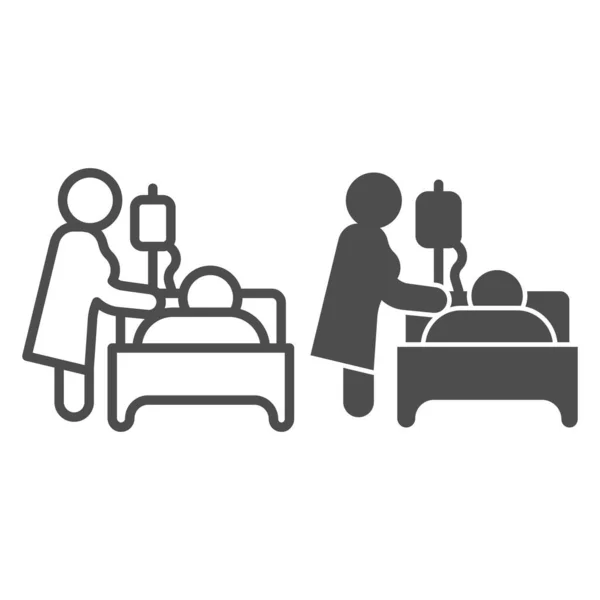 드로퍼 라인과 단단 한 아이콘으로 침대에 누워 있는 환자를 방문하는 간호사, 장애 컨셉, 흰 배경에 드로퍼와 환자 침대 표시를 갖고 있는 간호사, 골자 스타일의 환자 치료 아이콘. 벡터 그래픽. — 스톡 벡터