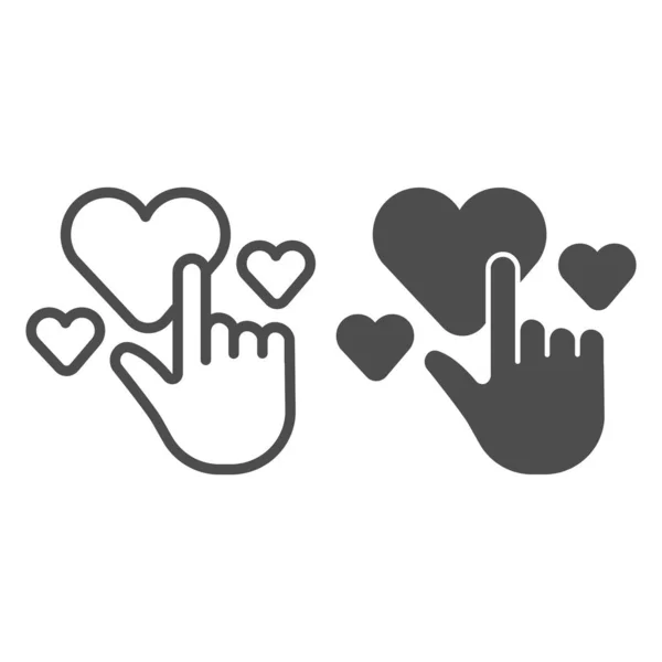 Указатель руки и сердца линии и твердый значок, концепция заботы, рука и сердце знак на белом фоне, рука и сердце значок в стиле наброска для мобильной концепции и веб-дизайна. Векторная графика. — стоковый вектор