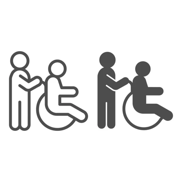 Pflege einer Person in einer Rollstuhllinie und solidem Symbol, Behindertenkonzept, behindertengerechtes Rollstuhlschild auf weißem Hintergrund, behindertengerechtes Rollstuhlsymbol im Umriss. Vektorgrafik. — Stockvektor