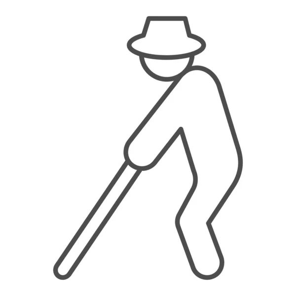 白い背景に杖のサインを持つ杖の細い線のアイコン、障害の概念、ブラインドスティックの男、アウトラインスタイルで杖のアイコンを持つ帽子のブラインドの男。ベクトルグラフィックス. — ストックベクタ
