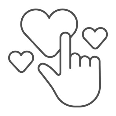 El işaretçisi ve kalp çizgisi, ince çizgi ikonu, bakım konsepti, el ve kalp işareti beyaz arka plan, el ve kalp ikonu mobil konsept ve web tasarımı için ana hatlar şeklinde. Vektör grafikleri.