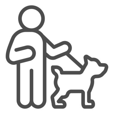 Köpek çizgisi ikonu olan kör bir adam, engelli konsepti, yürüyüşe çıkmış kör bir adam ve beyaz arka planda bir rehber köpek tabelası, kör bir adam ve ana hatlı köpek ikonu. Vektör grafikleri.