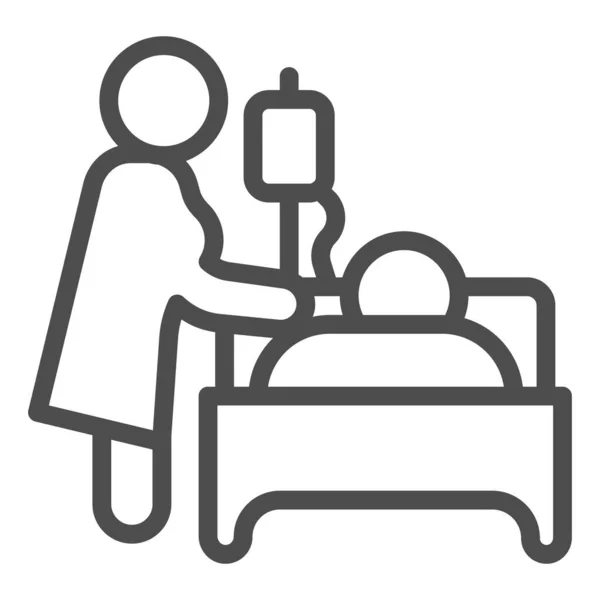 드로퍼 라인 아이콘을 달고 누워 있는 환자 침대를 방문하는 간호사, 장애 컨셉, 흰 배경에 드로퍼와 환자 침대 표시를 갖고 있는 간호사, 골자 스타일의 환자 치료 아이콘. 벡터 그래픽. — 스톡 벡터