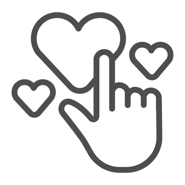 Pointeur de main et des cœurs ligne icône, concept de soins, signe de la main et du cœur sur fond blanc, icône de la main et du cœur dans le style de contour pour concept mobile et web design. Graphiques vectoriels. — Image vectorielle