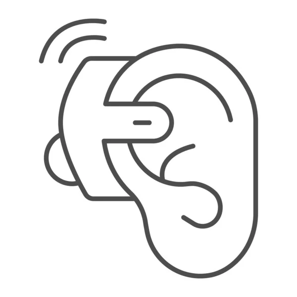 청력 보조 아이콘은 얇은 선 아이콘, 장애 개념, 흰색 배경에 귀와 보청기 표시, 모바일 개념과 웹 디자인의 개요 스타일에서의 청각 보조 아이콘이다. 벡터 그래픽. — 스톡 벡터