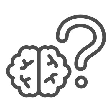 Zihinsel sağlık çizgisi ikonu olan beyin, insan sağlığı kavramı, beyaz arka planda sorgulanan akıl sağlığı işareti olan beyin, ana hatlarda ruh sağlığı ikonu. Vektör grafikleri.