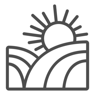 Alan ve güneş çizgisi ikonu, çiftlik bahçesi konsepti, beyaz zemin üzerinde gün doğumu güneşi, mobil konsept ve web tasarımı için ana hatlı kırsal manzara ikonu. Vektör grafikleri.