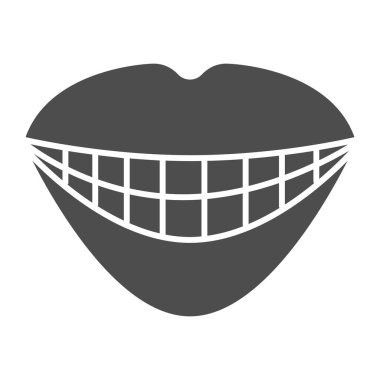 Katı bir ikon, Duygu kavramı, beyaz arka planda gülen ağız işareti, mobil konsept ve web tasarımı için glifli diş simgesi olan dudaklar. Vektör grafikleri.