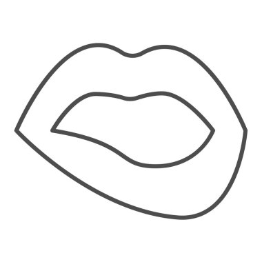 Isırık dudaklı, ince çizgi ikonu, cinsel konsept, beyaz arka planda seksi dudaklar işareti, mobil konsept ve web tasarımı için ana hatlı dudaklar ikonu. Vektör grafikleri.