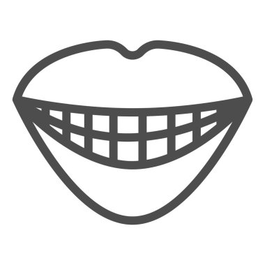 Gülümseme çizgisi ikonu, Duygu konsepti, beyaz arka planda gülen ağız işareti, mobil konsept ve web tasarımı için ana hatlı gülen diş ikonu olan dudaklar. Vektör grafikleri.