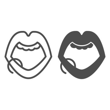 Dudaklar halka piercing çizgisi ve katı ikon, duygusallık kavramı, beyaz arka planda piercing işareti, mobil konsept ve web tasarımı için ana hatlarıyla dudakları delen simge. Vektör grafikleri.