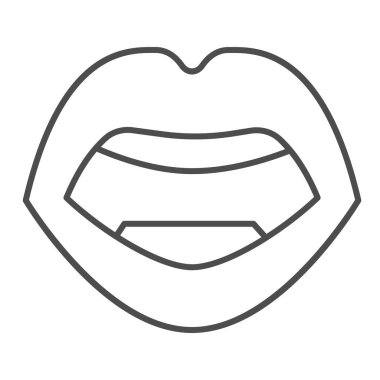 Ağızda ince çizgi ikonu, insan vücudu konsepti, beyaz arka planda açık dudaklar, mobil konsept ve web tasarımı için seksi dudak simgesi. Vektör grafikleri.