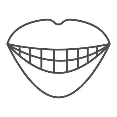 Gülümseyen ince çizgi ikonu, Duygu konsepti, beyaz arka planda gülen ağız işareti, mobil konsept ve web tasarımı için ana hatlı gülen diş ikonu olan dudaklar. Vektör grafikleri.