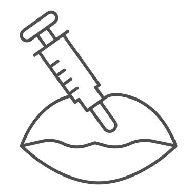 Şırınga ve dudaklar ince çizgi ikonu, sağlık hizmeti konsepti, beyaz arka planda dolgu yapan dudaklar, mobil konsept ve web tasarımı için ana hatlar biçiminde dudaklar doldurma prosedür ikonu. Vektör grafikleri.