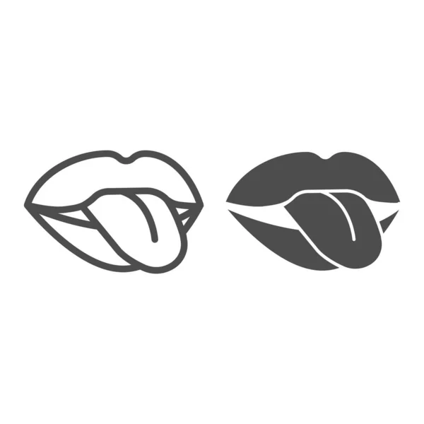 Boca que sobresale de la línea de la lengua y el icono sólido, concepto de sexualidad, boca y lengua signo sobre fondo blanco, mostrar icono de la lengua en el estilo de esquema para el concepto móvil y el diseño web. Gráficos vectoriales. — Archivo Imágenes Vectoriales