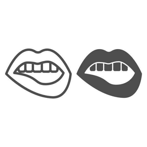 Linha de lábios mordida e ícone sólido, conceito sexual, sinal de lábios sexy no fundo branco, ícone de lábios mordida no estilo esboço para o conceito móvel e web design. Gráficos vetoriais. —  Vetores de Stock
