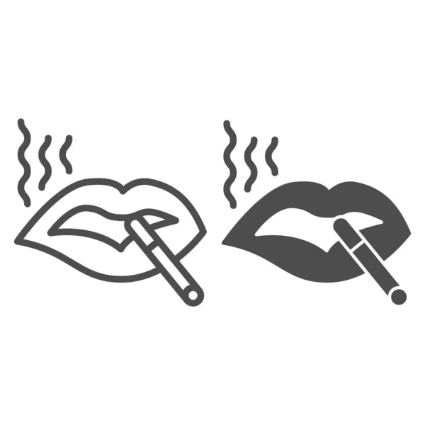 Labios con línea de cigarrillos e icono sólido, concepto de fumar, labios con letrero de cigarrillo encendido sobre fondo blanco, gráficos vectoriales. — Archivo Imágenes Vectoriales