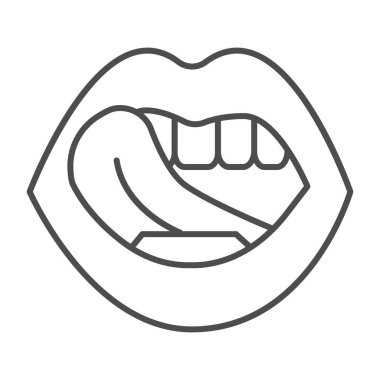 Dili ince çizgi ikonu, cinsellik kavramı, beyaz arka planda ağız ve dil işareti, mobil konsept ve web tasarımı için dil ikonunu ana hatlarıyla göster. Vektör grafikleri.