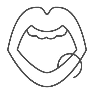 Dudaklar halka piercing ince çizgi simgesi, duygusallık konsepti, beyaz arka planda piercing işareti, cep telefonu konsepti ve web tasarımı için ana hatlı dudak simgesi açık ağız piercing. Vektör grafikleri.