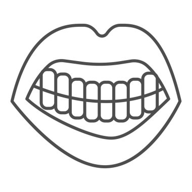 Kızgın ağız ince çizgi ikonu, duygu konsepti, beyaz arka planda üzgün dudaklar ve diş işareti, mobil konsept ve web tasarımı için yüz duygu ikonu. Vektör grafikleri.
