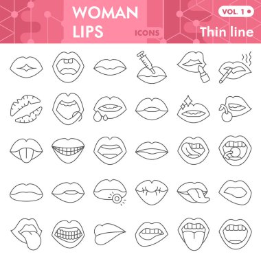 Kız dudakları ince çizgi simgesi seti, ağız farklı durum sembolleri koleksiyonu veya çizimleri. Kadın ağ ve uygulama için doğrusal işaret dilini kullanıyor. Beyaz arkaplanda izole edilmiş vektör grafikleri.