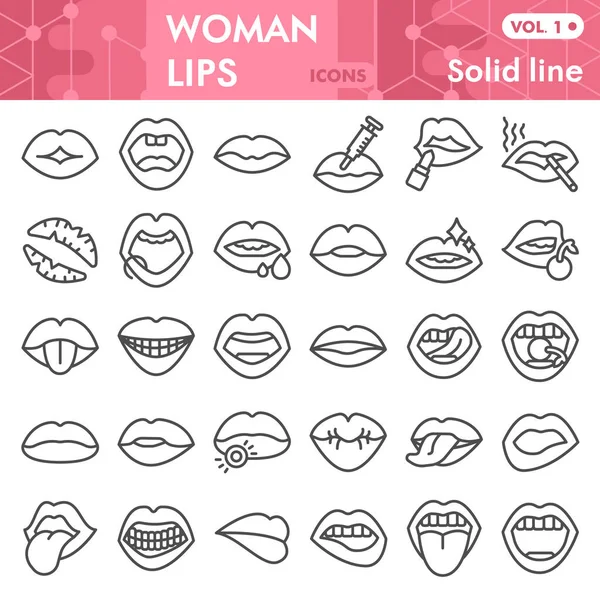 Chica labios línea icono conjunto, Boca en diferentes símbolos de la situación de la colección o bocetos. labios de mujer signos de estilo lineal para la web y la aplicación. Gráficos vectoriales aislados sobre fondo blanco. — Vector de stock