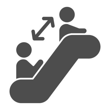 Yürüyen merdivendeki iki kişi arasındaki mesafe katı ikon, sosyal uzaklık kavramı, halka açık alanlarda önleme beyaz arka planda imza atma, yürüyen merdiven simgesinde mesafeyi koru. Vektör.