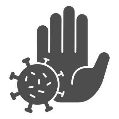 Avuç içi ve viral organizma katı bir ikon, sosyal uzaklık kavramı, beyaz arka planda dur işareti, mobil konsept ve web tasarımı için el sembolü şeklinde virüs. Vektör grafikleri.