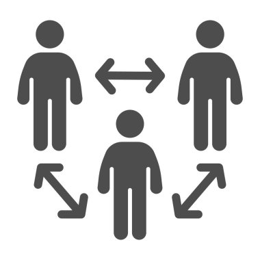 Grup katı ikonu, sosyal uzaklık kavramı, beyaz arka planda Coronavirüs salgını koruma işareti, üç kişi arasında glifli bir mesafe. Vektör grafikleri.