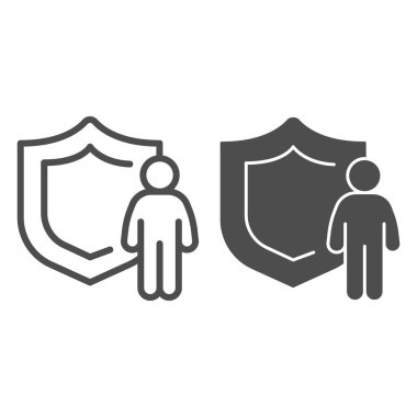 Korunma amblemi, insan çizgisi ve katı ikon, sosyal uzaklık kavramı, beyaz arka planda hijyen kalkanı işareti, mobil web için taslak biçimli antivirüs kalkan ikonu olan adam. Vektör grafikleri.