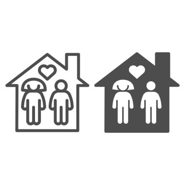 Kalp çizgisi ve sağlam bir ikona sahip iki kişi, sosyal uzaklık kavramı, beyaz arka planda ev tabelası, koronavirüs ikonu karantinasında kendini izole etme. Vektör grafikleri.