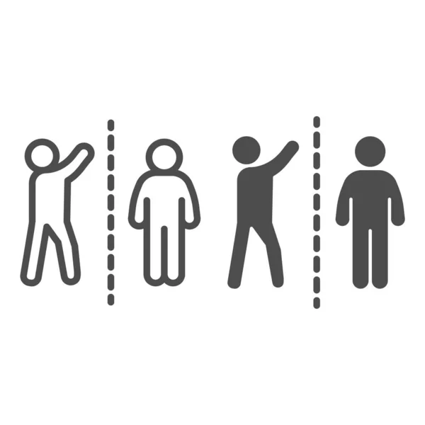 Man met opgeheven hand verdeeld met een andere persoon lijn en solide pictogram, sociale afstand concept, Ziektepreventie teken op witte achtergrond, twee mensen houden veilige afstand pictogram in omtrek stijl. — Stockvector